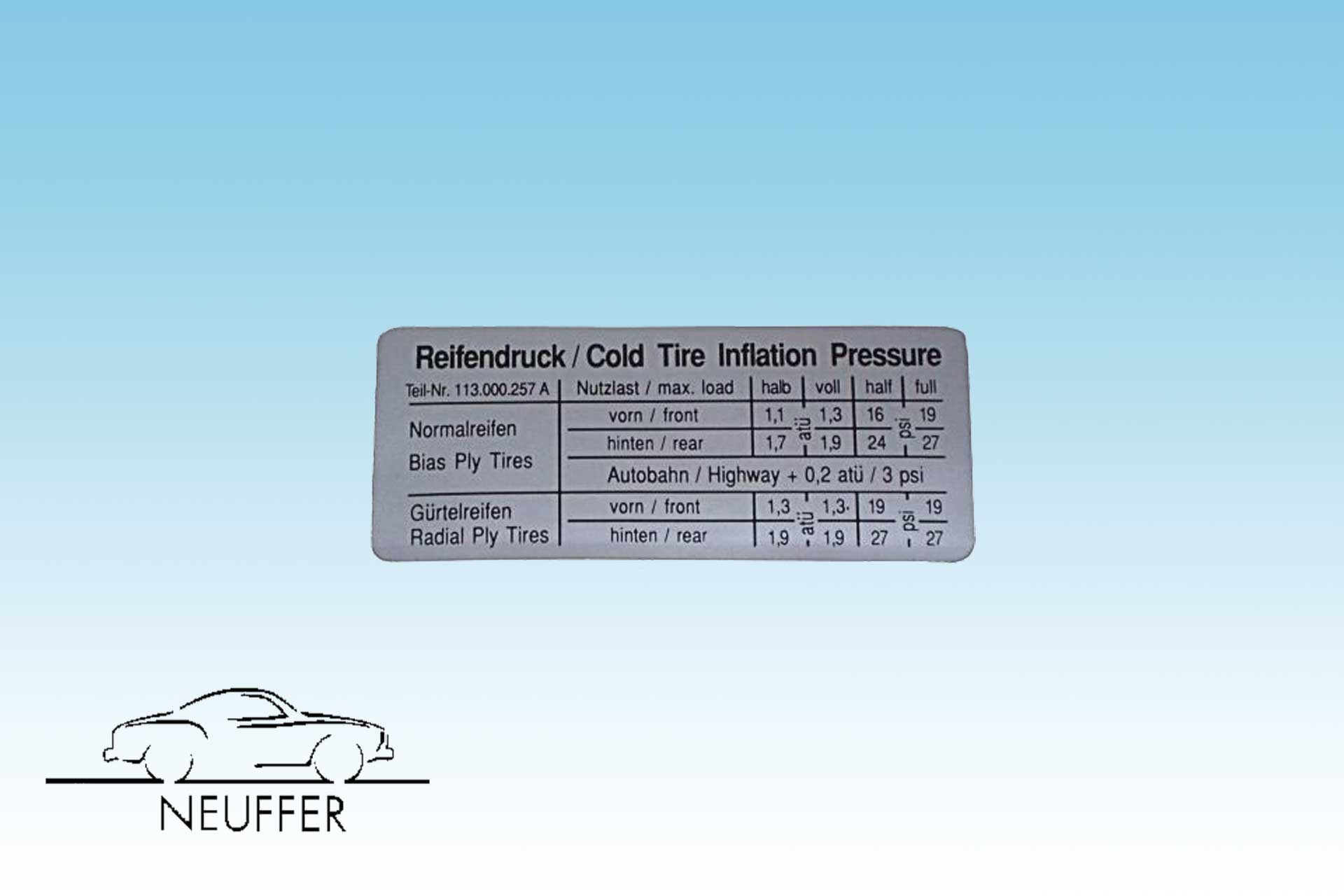 Aufkleber für Tankklappe " Reifendruck"